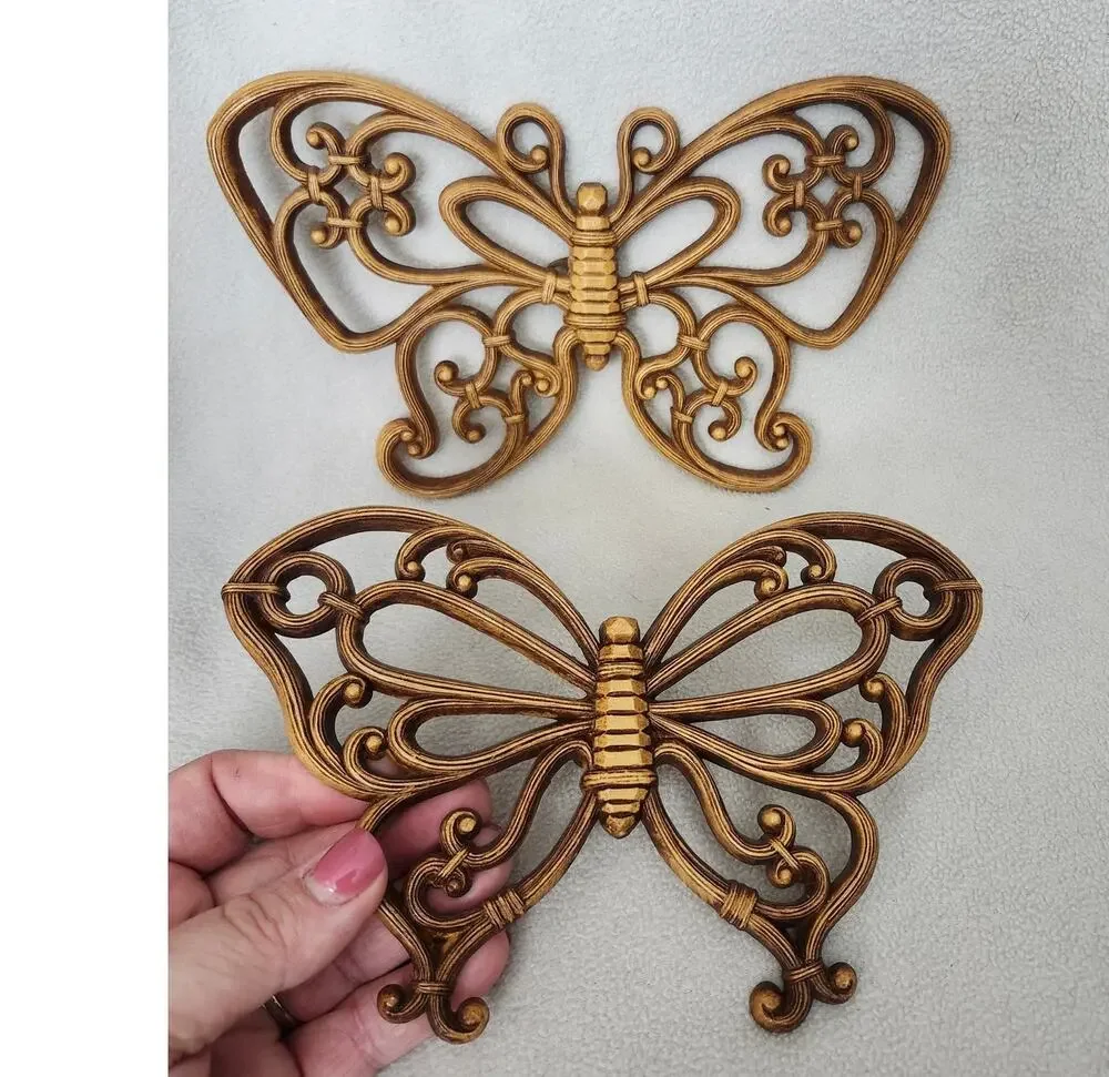 Vtg Lot 2 Dart Butterfly Wall Hanging Decor Brown Wood Grain Hobo Ornate